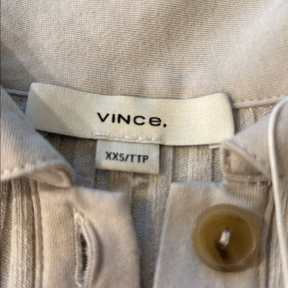 Vince Ribbed Polo-Collar Button-Front Cardigan Top in Salt Glass – Size XXS - Picture 7 of 11